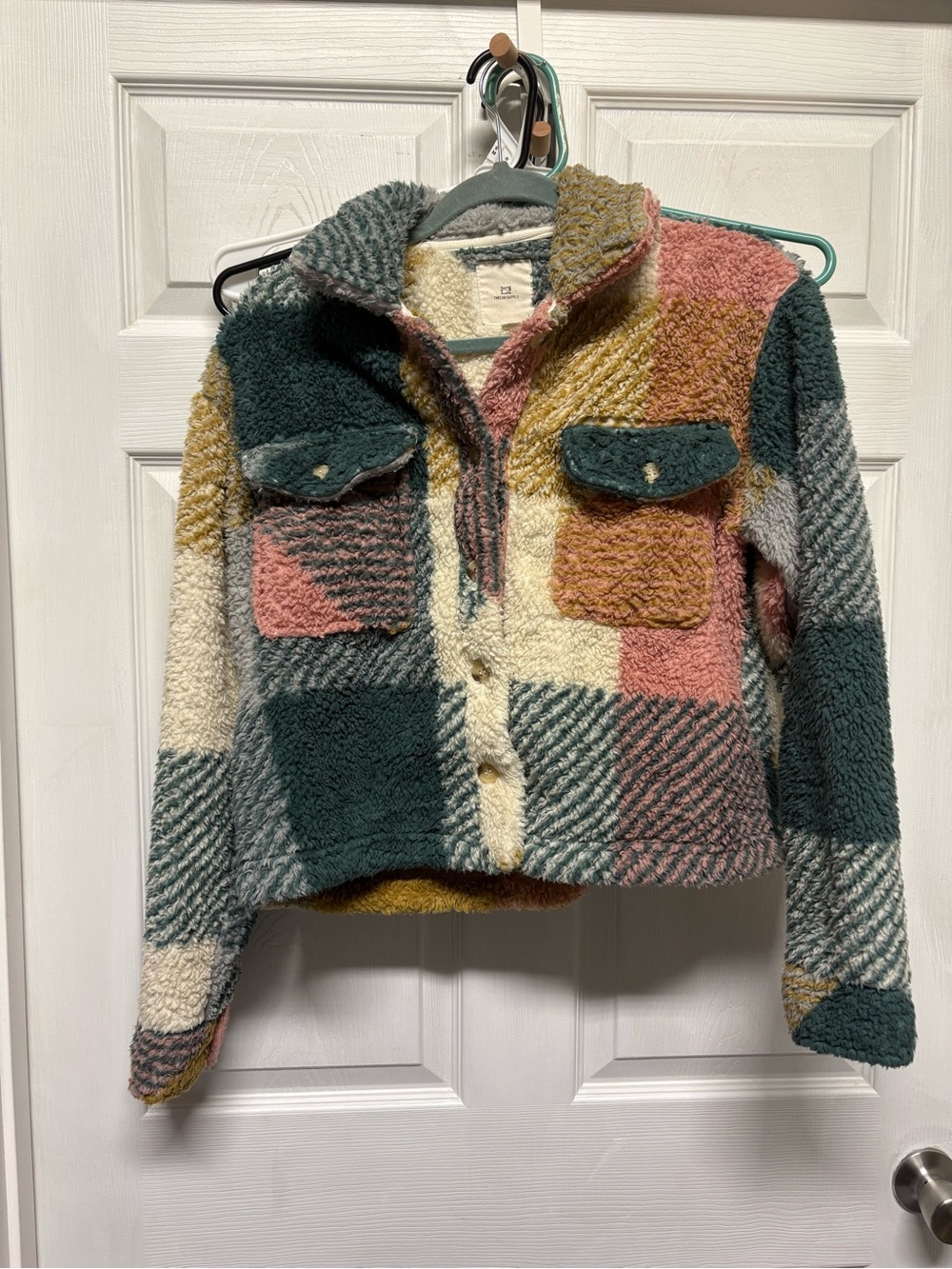 Thread & Supply Multicolor Sherpa Patchwork Jacket in Green, Pink & Cream